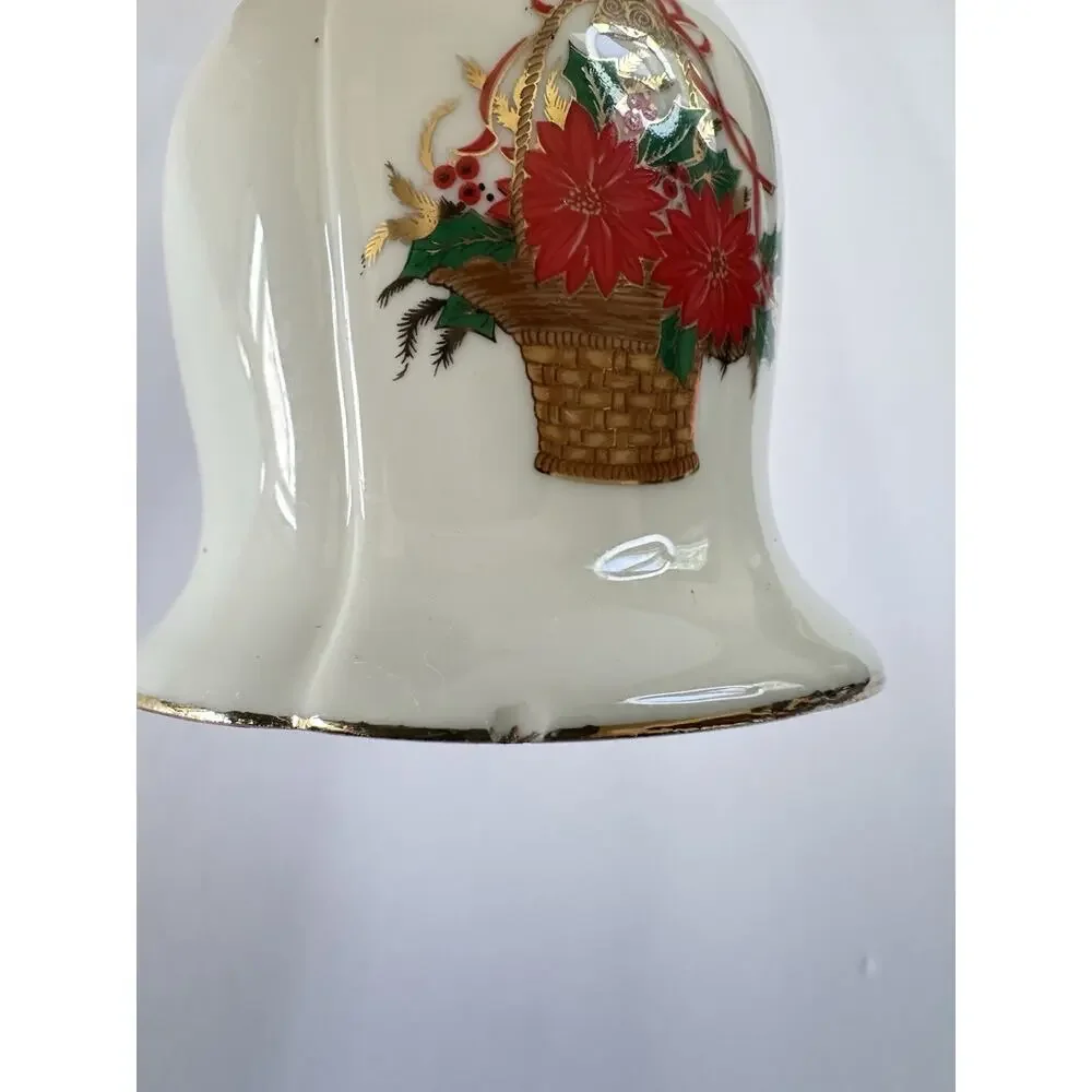 Vintage Christmas Ceramic Hand Bell Poinsettia Basket Gold Trim Taiwan ROC